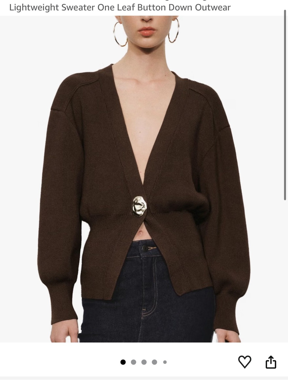 Women's Brown V-Neck Puff Sleeve Sweater with Gold Accent
